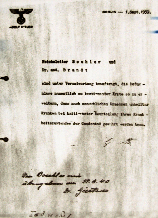 The letter authorizing euthanasia program to begin, signed by Adolf Hitler dated Sep 1, 1939