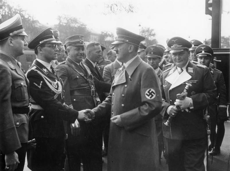 Philipp Bouhler shaking hands with Hitler before return to Berlin from Munich Conference Oct 1 1938